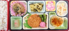 【赤かぶ青菜飯】海苔塩チキンカツ、山芋焼き、コールスローサラダ