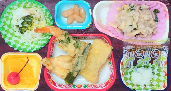 手作り天ぷら盛合せ☆たけのこもち麦肉味噌炒め☆煮豆サムネイル